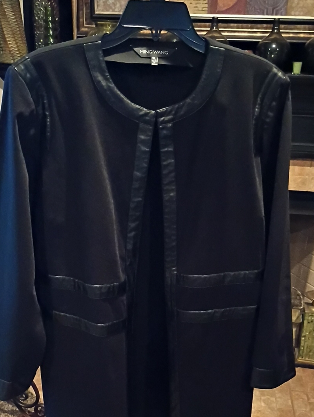Ming Wang Rayon Blend Black Jacket/Coat with Banded Leather Trim & Side Slits - Picture 8 of 13